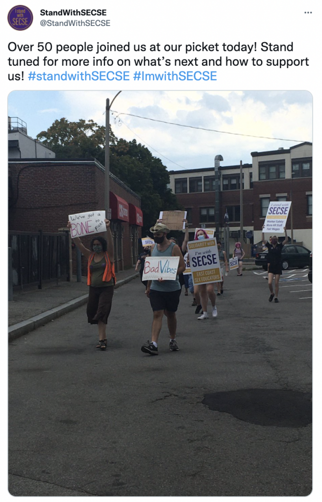 sex shop workers in Boston on strike - text reads 