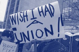 Protest sign reading "I wish I had a union!"