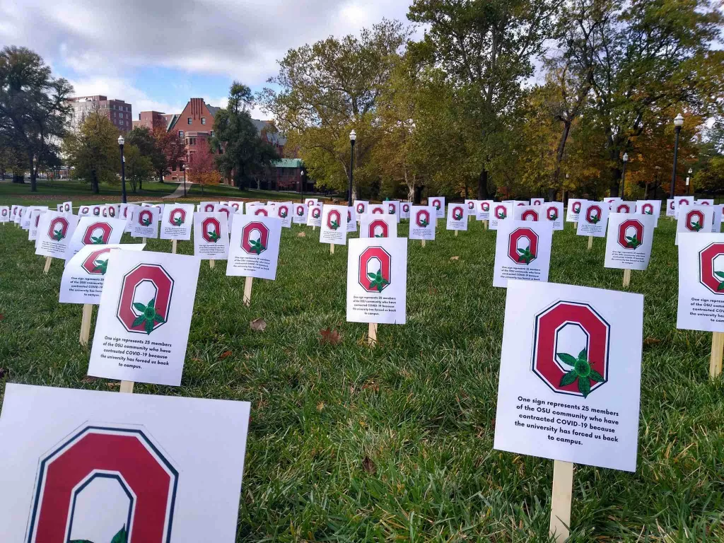 Field of signs reading "One sign represents 25 members of the OSU community who have contracted COVID-19 because the university has forced us back to campus."